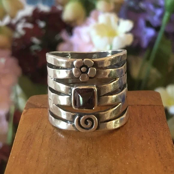 Vintage Silpada Sterling Silver Garnet Flower Swirl Ring R1048 Size 7 1/2 - Picture 5 of 16